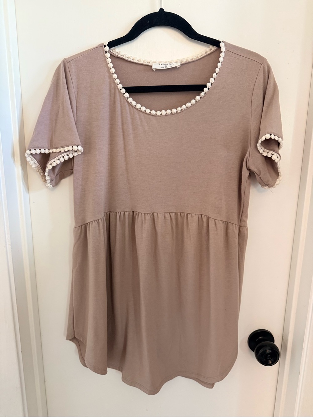 Women’s Peplum Scoop Neck Top with Pom Trim - Beige